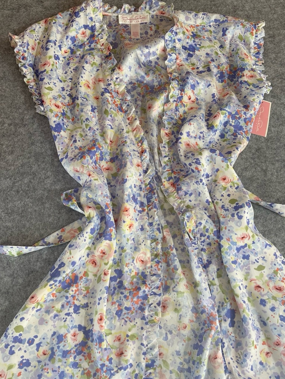 Oscar de la Renta Floral Ruffle Tie-Waist Satin Robe in Blue, Pink, Green